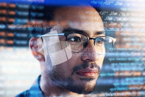 Image of Asian man, face and programming at night with overlay or dashboard of code, malware or software at office. Male person, coder or programmer working late in development, problem solving or algorithm