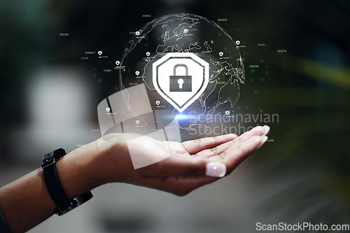 Image of Hologram, hand and person with cyber security, lock and data protection with internet connection, futuristic and gdpr. Closeup, human and holographic with technology, global and symbol with software
