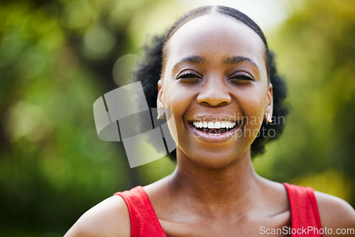 Image of Portrait, smile and black woman in park, outdoor and garden with natural confidence, good mood and freedom in Nigeria. Face, happy african female person and laughing in summer or relax in nature