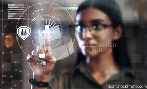 Image of Woman, fingerprint scan and biometrics for futuristic cyber security on hologram or dashboard hud at office. Hand of female person in recognition for digital access, identification or verification