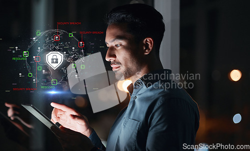 Image of Cyber security, hacker man and tablet with hologram and safety lock icon for network, information or data. Person with technology for privacy, antivirus or hacking and access control shield at night