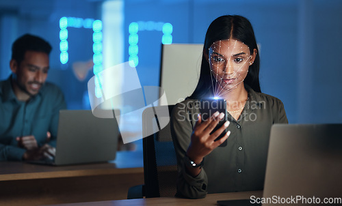 Image of Woman, phone with facial recognition and futuristic biometric cybersecurity, id or scan face for mobile safety. Smartphone, businesswoman and hologram technology for access control or protection
