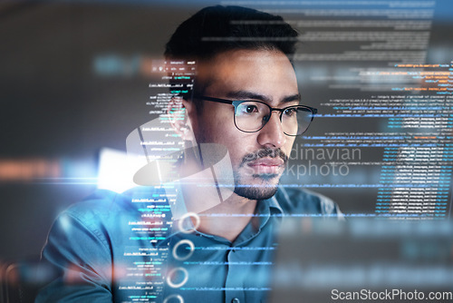 Image of Programming coding and man with focus, hologram and trading with cyber security, futuristic and research. Male person, investor and employee with data analysis, server or investment with website info