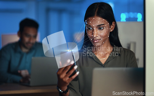 Image of Futuristic, woman with phone and biometric facial recognition for cybersecurity, id or scan face for mobile safety. Smartphone, businesswoman and hologram technology for access control or protection