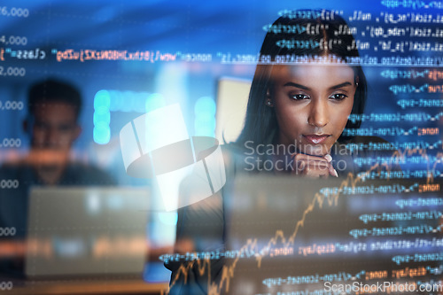 Image of Programmer, code and woman with focus, holographic and digital software with cyber security, futuristic and coding. Female person, coder and employee with data analysis, research and concentration