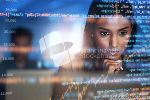 Image of Programming, code and woman with focus, hologram and digital software with cyber security, futuristic and website development. Female person, coder or trader with data analysis, research or analytics