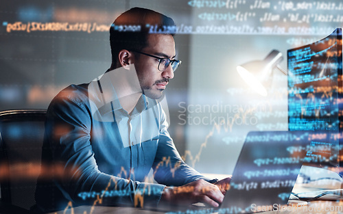 Image of Programming, code and man with focus, hologram and digital software with cyber security, trading and online reading. Male person, coder and employee with investment, research and check stock market