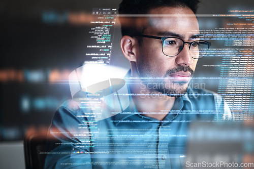 Image of Programmer, coding and man with focus, hologram and data analytics with cyber security, futuristic and stock market. Male person, coder or programming with innovation, research or finance information