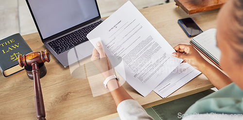 Image of Woman, hands and lawyer reading will or documents for court judge or justice on office desk above. Notary person or attorney checking paperwork or testament for law agreement or legal advice on table