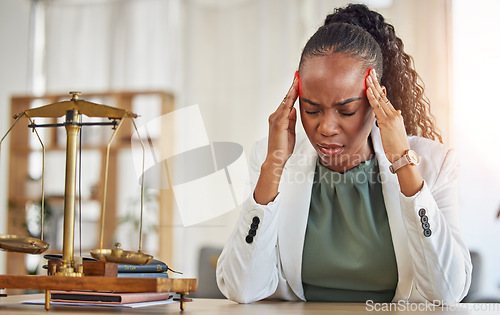 Image of Stress, headache with black woman and lawyer with fail on case frustrated in office. Business, professional and law firm employee with African female worker with attorney and burnout from job mistake