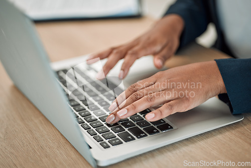 Image of Hands, typing on laptop and person working on market research on startup, project or networking in email or communication. Computer, keyboard and employee writing a proposal or planning a strategy