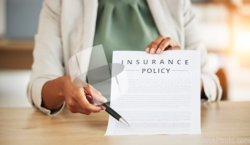 Image of Insurance policy, hand and consultant with agreement in office for investment with finance. Document, retirement and agent with financial advisor for deal with planning for future or contract.