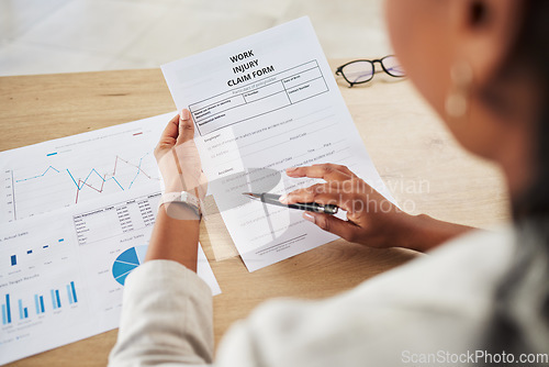 Image of Legal injury form, hands and person with lawyer and writing with document and paperwork at law firm. Attorney, claim and contract to sign at a company with chart and agreement information with pen