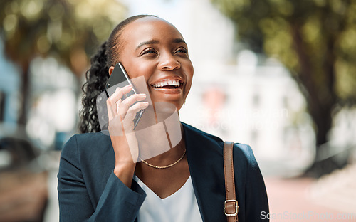 Image of Phone call, business woman and smile outdoor in a city park with networking and connection. Commute, African female person and happy from discussion and talking on a mobile with a conversation