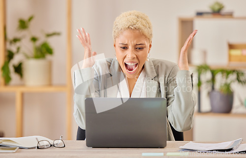 Image of Angry, business woman and laptop with internet problem, 404 and mistake in a office. Computer glitch, scream and person trading and stress from stock market fail and anxiety with tech in a workplace