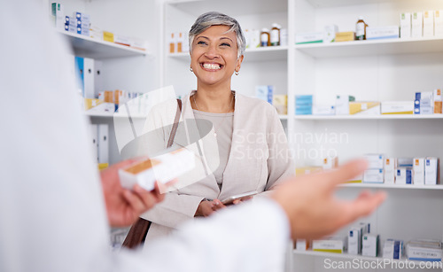 Image of Pharmacy, consulting and smile with woman in store for shopping, medicine and help. Retail, medical and healthcare with senior customer and pharmacist for expert, information and prescription