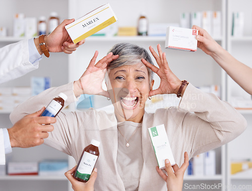 Image of Healthcare, stress and senior woman with medication for a sickness, flu or cold at pharmacy. Crazy, burnout and portrait of mature female person shouting or screaming with medicine options in clinic