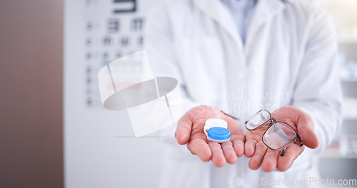 Image of Optometrist, holding and contact lenses with glasses with doctor for vision with healthcare. Frame, person and eyesight correction with plastic container for health or laser surgery with optician.