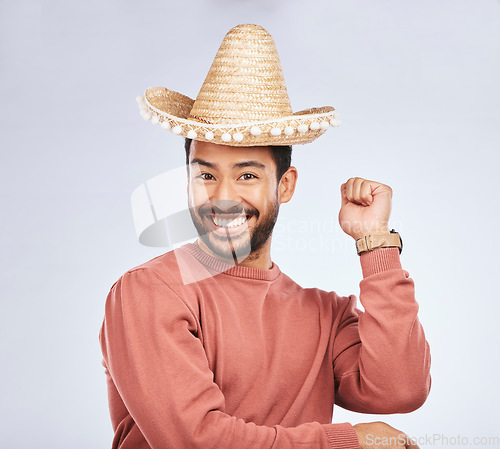 Image of Sombrero, excited and portrait of man in studio with dance moves for comic, humor and funny joke. Happy, party accessories and face of male person on white background with Mexican hat for comedy