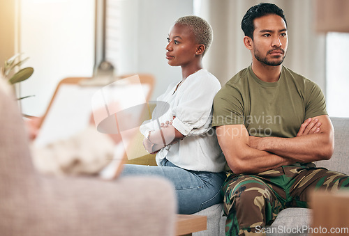 Image of Anger, therapy and a couple in counseling for marriage, psychologist help and veteran analysis. Army, interracial divorce and a man and woman in a therapist consultation for relationship problem