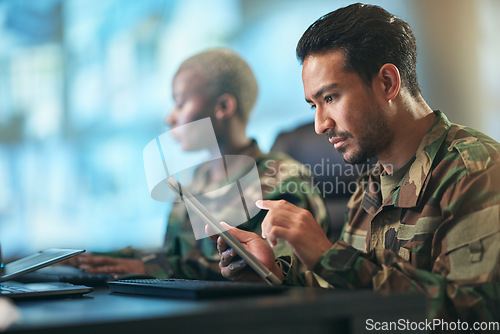 Image of Asian man, army and tablet in surveillance, control room or checking data for military intelligence. Male person, security or soldier working on technology for online dispatch or networking at base