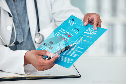 Image of Doctor, hands and covid documents for healthcare, safety or information for advice or consultation at hospital. Person or medical professional show pamphlet, paper or poster for life insurance