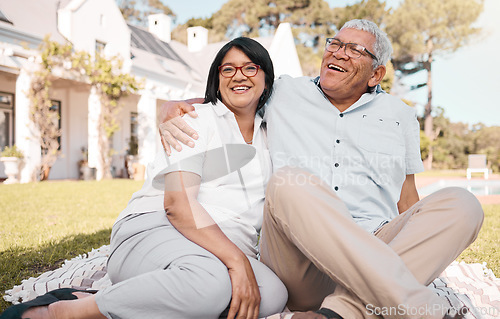 Image of Garden, retirement and portrait of senior couple at home excited for moving to house, property and rental. Love, real estate and happy man and woman on grass for investment, mortgage and homeowner