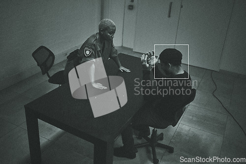 Image of Surveillance, dark and police with a criminal in a room for interrogation, search or talking together. Serious, law and a black woman or safety officer working with a man after crime for a confession