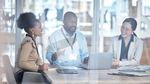 Image of Business people, African leader and group in meeting with planning, laptop or financial review in team collaboration. Black man, women and audit in accounting or computer for project in modern office