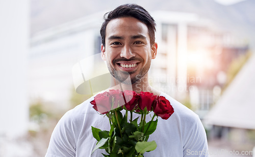 Image of Smile, portrait and happy man with bouquet of roses for date, romance and hope for valentines day. Love confession, romantic gift and person holding flowers outside in city for proposal or engagement