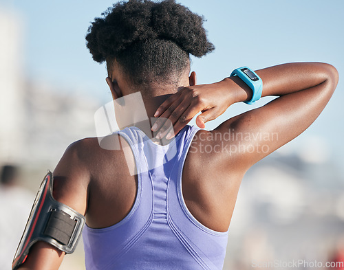 Image of Neck, pain and back of sports woman with injury, joint inflammation and first aid problem outdoor. Runner, athlete and body muscle stress on spine, nerve and tension from running, fitness or health