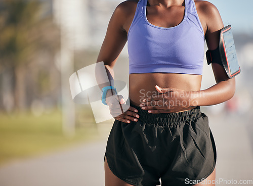 Image of Pain, injury and athlete doing fitness running or exercise with stomach problem and discomfort during outdoor workout. Self care, issue and person suffering from muscle strain or abdomen pressure