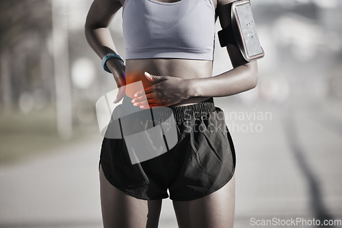 Image of Fitness, woman and red stomach pain from exercise injury, training problem or first aid risk. Sports accident, closeup and abdomen of female athlete with appendicitis emergency, hurt muscle or cramps