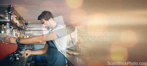 Image of Coffee shop, barista man and mock up with space, overlay and bokeh for drink, espresso machine and work. Small business owner, restaurant and cafe with focus, vision and service with hospitality