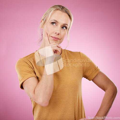 Image of Old woman, thinking and confusion with ideas, opportunity and wellness on studio background. Female senior citizen, mature lady and thoughts for future, fantasy or wonder with imagination or creative