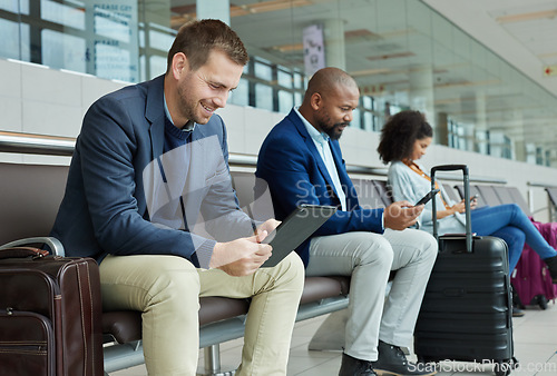 Image of Airport, lobby and people on technology for online booking, flight information and travel schedule. Digital app, news and business man on tablet for immigration, international or global opportunity