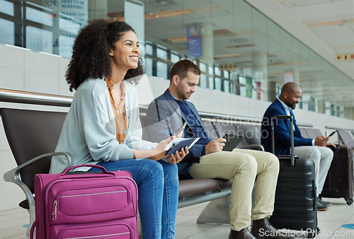Image of Travel, excited and black woman in airport, ticket and luggage with smile, boarding and international. African American female traveler, lady and girl with suitcase, departure and passport with phone
