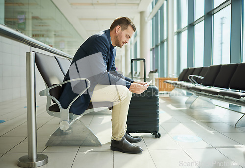 Image of Ticket, airport and business man in waiting room travel, global opportunity and transport time or schedule. UK employee, entrepreneur or corporate person in lobby with flight services for immigration