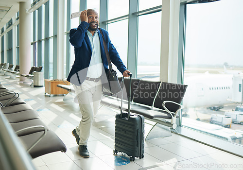 Image of Airport, late and running black man for business flight, plane journey and travel terminal. Businessman, hurry and rush to board airplane with anxiety, stress and fast walking with suitcase luggage