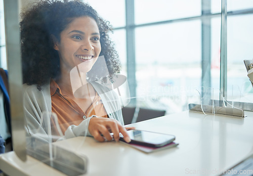 Image of Airport counter, black woman and phone at ticket desk with happiness from travel and vacation. Air traveling customs, young person and airplane transportation check in ready for international flight