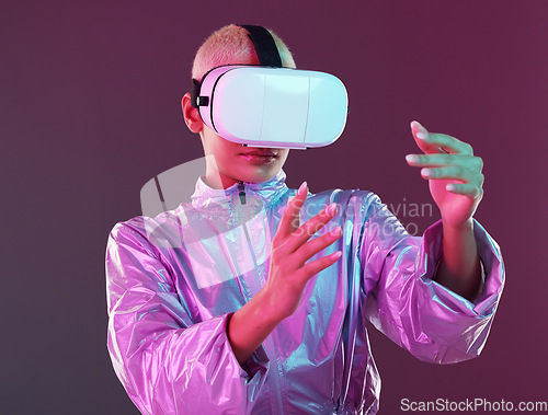 Image of Woman, virtual reality glasses and metaverse for futuristic gaming, digital transformation and tech. Cyberpunk person hands on studio background with vr headset for 3d and cyber world user experience