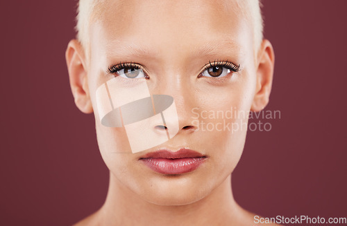 Image of Skincare, beauty and portrait of woman with makeup, cosmetic and luxury skin product on studio background. Dermatology, spa facial treatment and model isolated with mock up, anti ageing care and glow