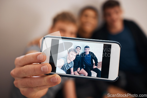 Image of Phone, selfie and friends together after exercise feeling relax with a smile and mobile connection. Profile picture, social media and networking app of a man hand holding cellphone for group photo