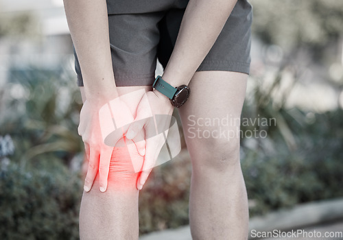 Image of Inflammation, sports and man with knee pain after running, cardio and outdoor exercise. Accident, swollen and athlete runner with injury from training, injured joint and holding leg after a workout