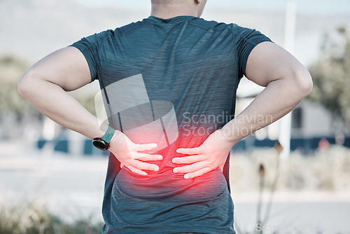 Image of Back pain, red fitness and man running exercise or sports injury, emergency and healthcare risk. Medical, spine and athlete person with anatomy problem for training, cardio or runner workout overlay