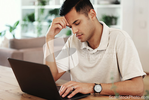 Image of Tired, headache stress and man with a laptop, remote work problem and burnout. Fatigue, depression and entrepreneur with anxiety from bad news on pc, migraine and frustrated with a glitch at home