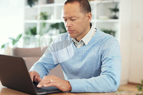 Image of Focus, planning and business man on laptop working on email, financial management and startup investment. Professional boss, entrepreneur or worker typing on computer for finance career opportunity