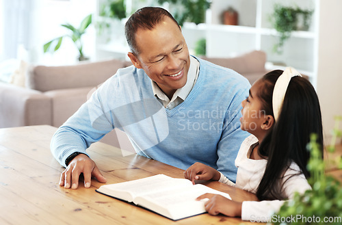 Image of Family, grandfather and child reading book, teaching and learning bible story, questions and education in living room. Black people or senior man and kid story, holy or spiritual development and help