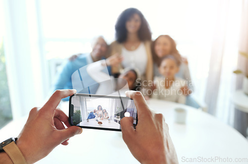 Image of Smartphone photography, screen and hands with family at home, taking picture and memory with love and care. Technology, closeup and people together with focus, lens and photographer, app and phone