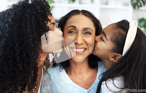 Image of Portrait, kiss on the cheek for a senior woman with her daughter and granddaughter in their home together. Face, love or family with a mother, adult child and girl bonding in a house on mothers day